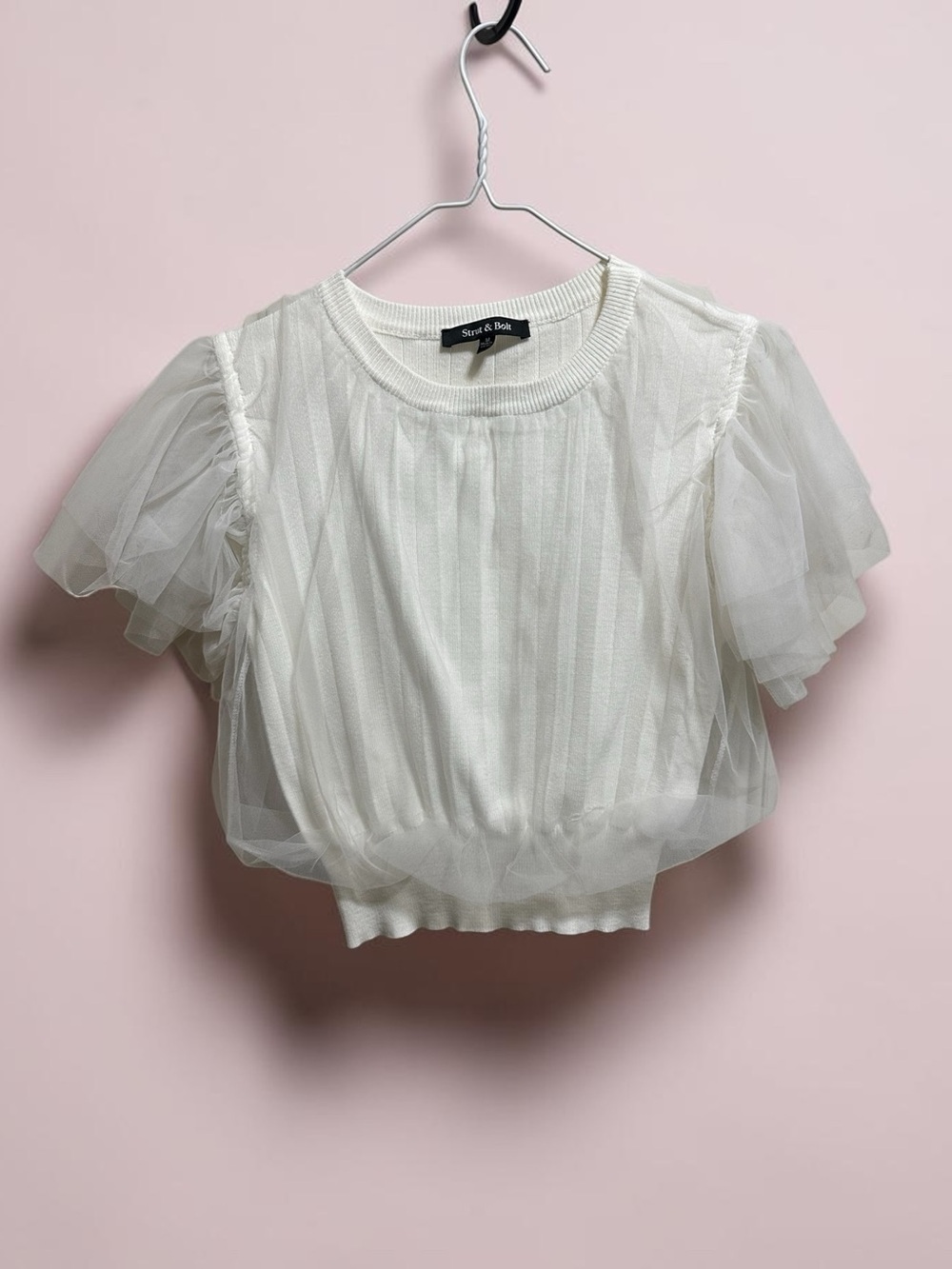 Strut & Bolt. White Ribbed Top with Puff Sleeves